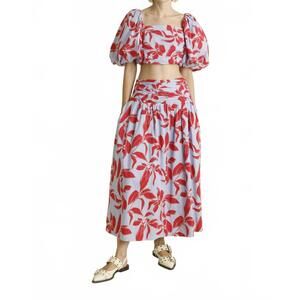 NEW AUREUM shirred midi skirt in blue/red